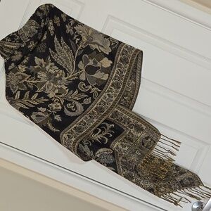 🖤 Reversible Black Gold Gray Floral Jacquard Pashmina Scarf Wrap Shawl 66x27